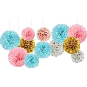 Pompones de papel rosa y azul dorado para decoración de_1
