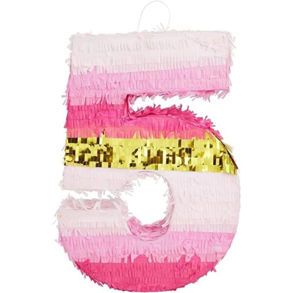 Piñata pequeña rosa y dorada número 5 para decoración de_6