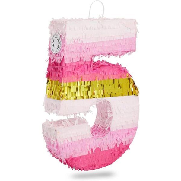 Piñata pequeña rosa y dorada número 5 para decoración de_1