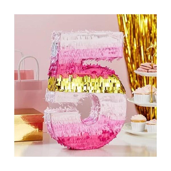 Piñata pequeña rosa y dorada número 5 para decoración de_2