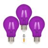 Paquete de 3 bombillas LED de filamento A19 moradas Base_1