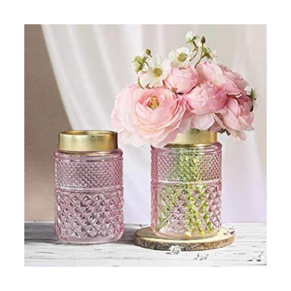 Paquete de 2 floreros de cristal florero estriado rosa