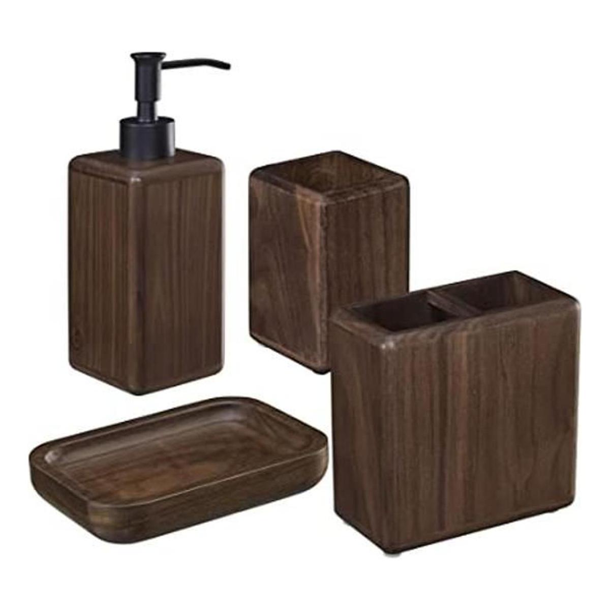 MIHIRO Juego de 4 accesorios de baño de madera de