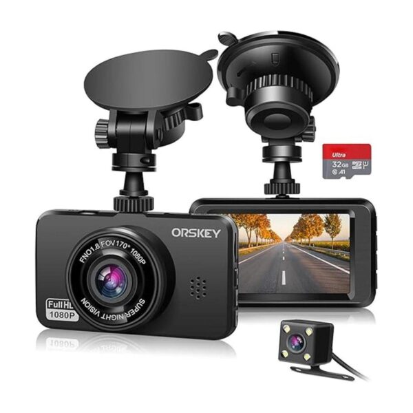 ORSKEY Dash Cam para coche delantero y trasero con tarjeta_1