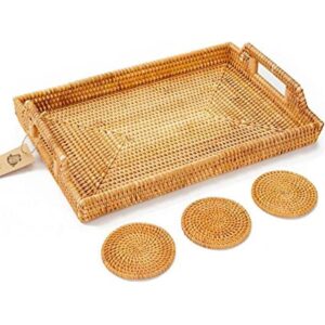 Large Rattan Tray with Rattan Coasters Premium Flat