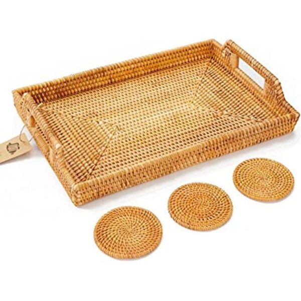 Large Rattan Tray with Rattan Coasters Premium Flat