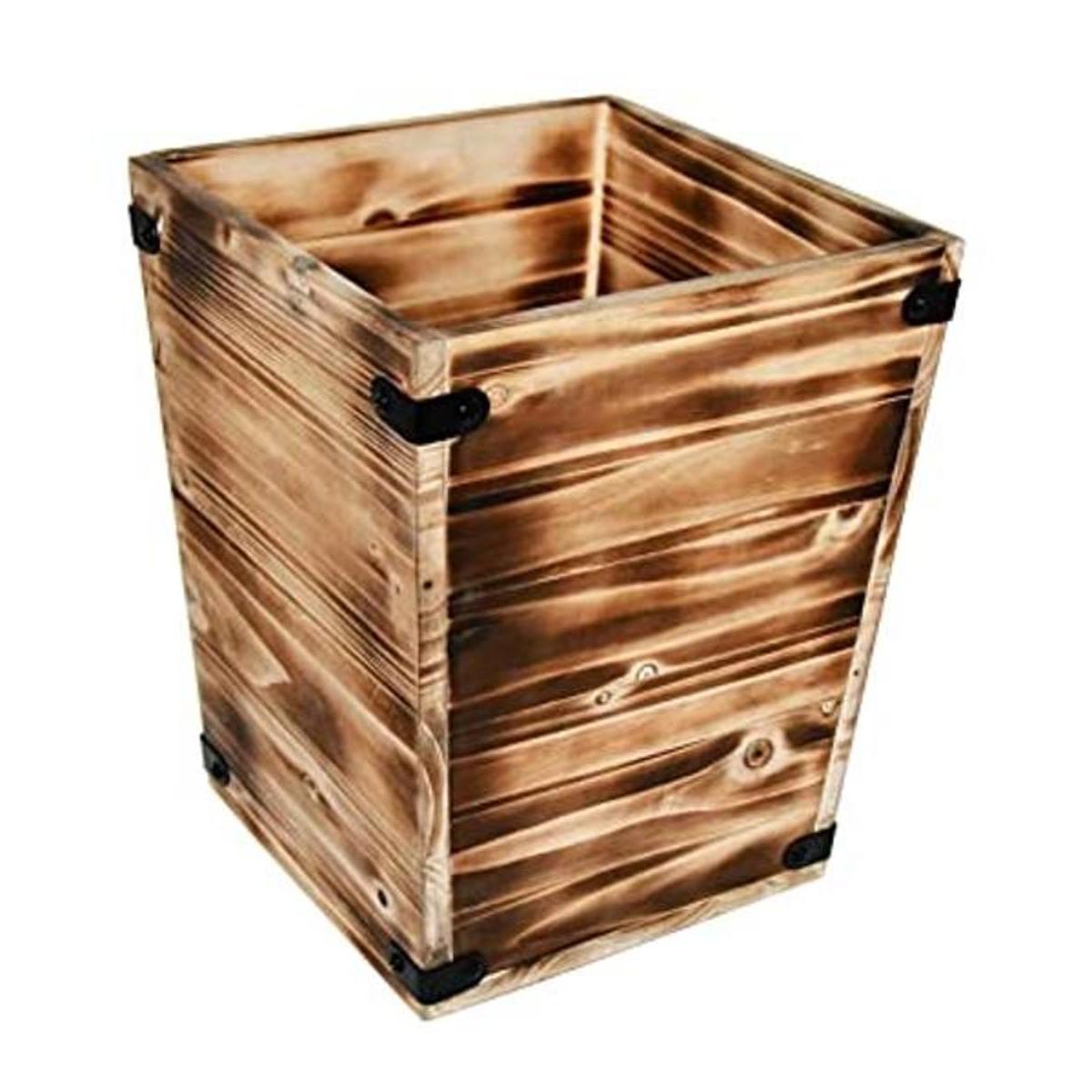 OwlGift Papelera decorativa de madera rústica quemada con