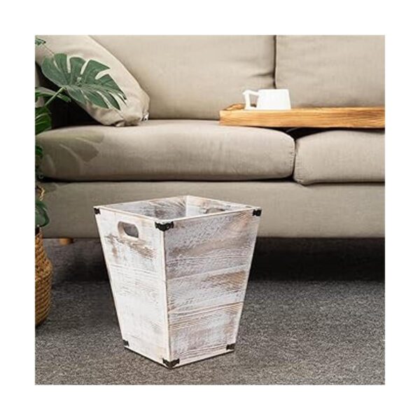 Cubo de basura cuadrado de madera estilo granja con asas_6