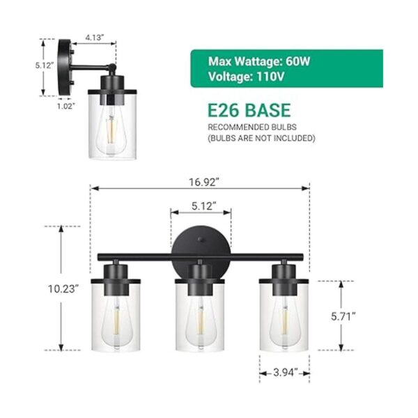 EDISHINE Lámpara de tocador de baño 3 luces negras claras_4