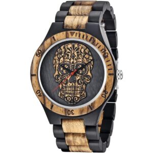 Mens Wood Watches Handmade Woooden Analog Quartz Skeleton
