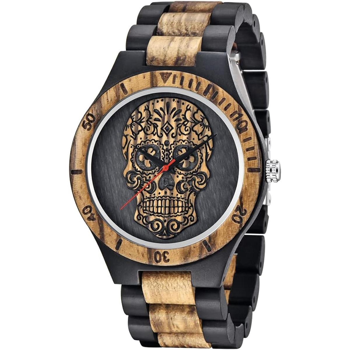 Mens Wood Watches Handmade Woooden Analog Quartz Skeleton