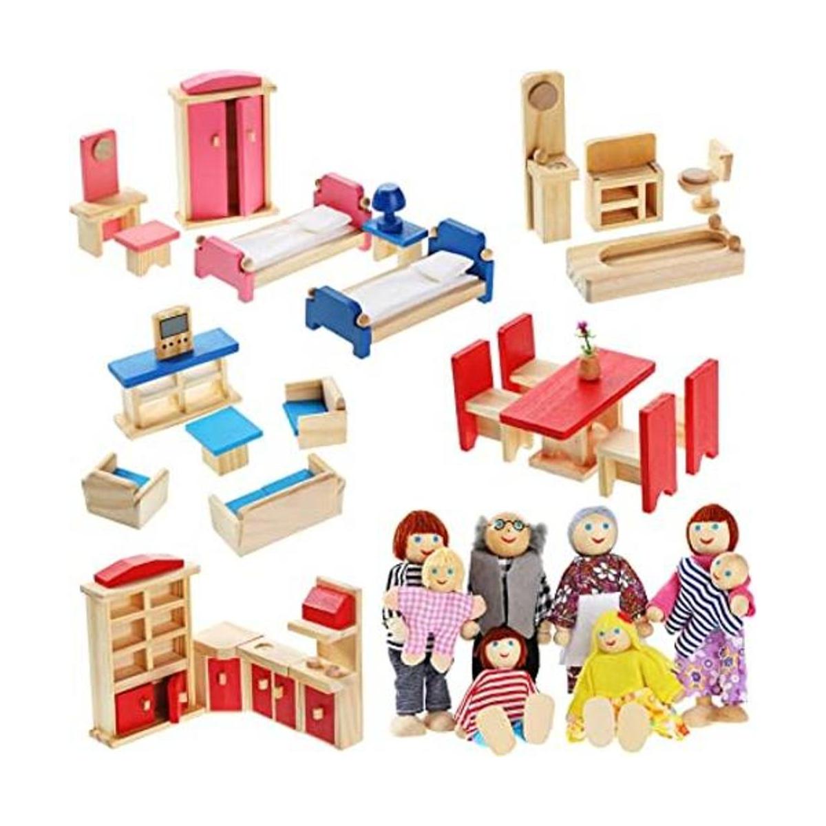 Muebles de casa de muñecas de madera con 8 piezas