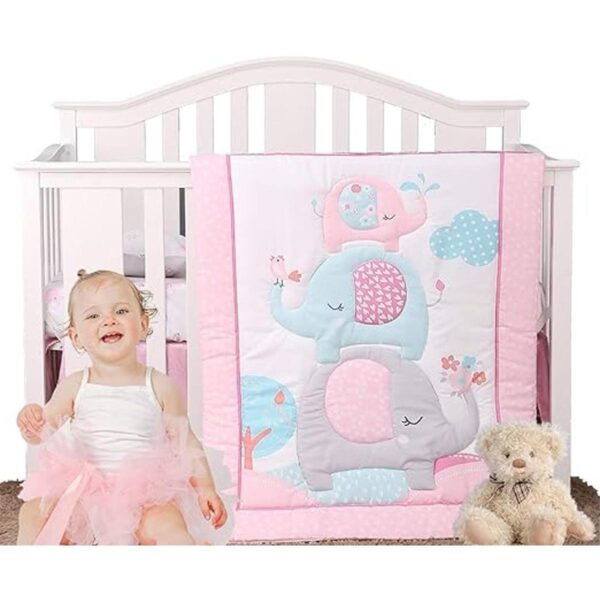 Juego de ropa de cama de cuna con elefante rosa de 3