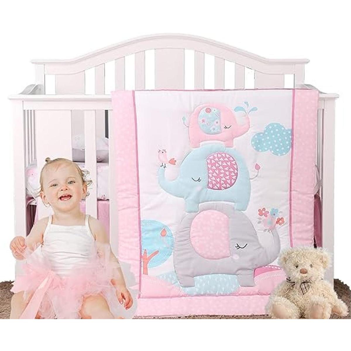 Juego de ropa de cama de cuna con elefante rosa de 3