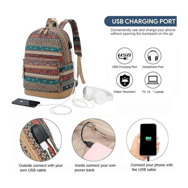 Mochila bohemia impermeable para laptop con puerto de
