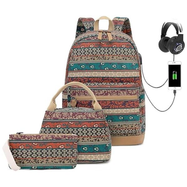 Mochila bohemia impermeable para laptop con puerto de