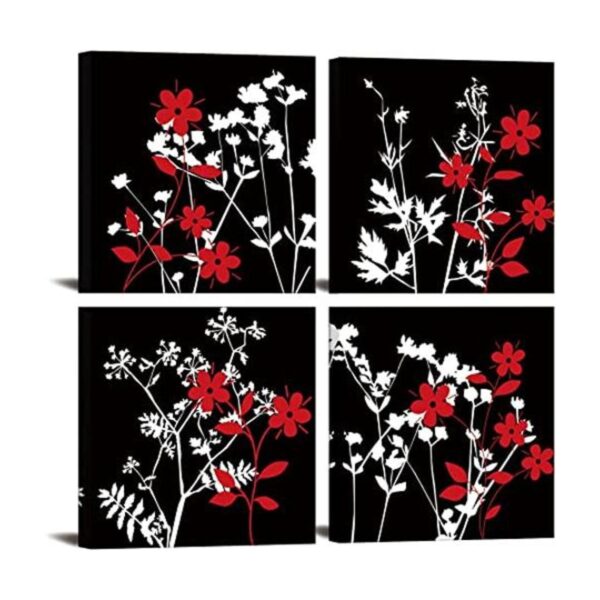 4 piezas de lienzo de flores rojas en blanco y negro_1