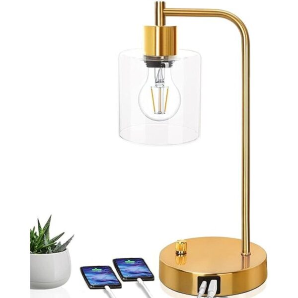Lámpara de mesa industrial dorada con 2 puertos USB;_1