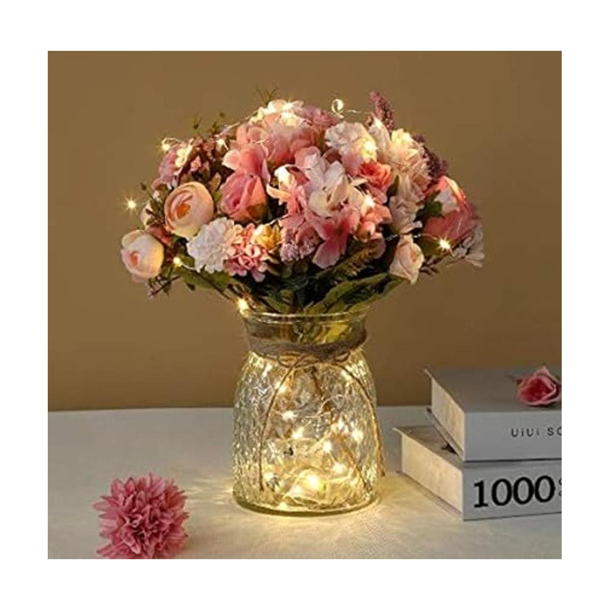 Flores de rosas rosas LED artificiales con jarrón de