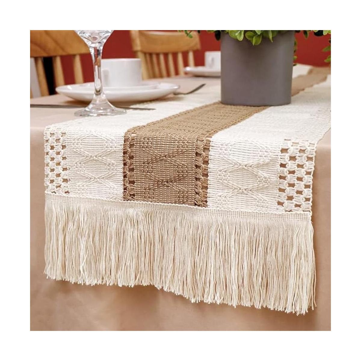 OurWarm Camino de mesa de macramé de arpillera natural