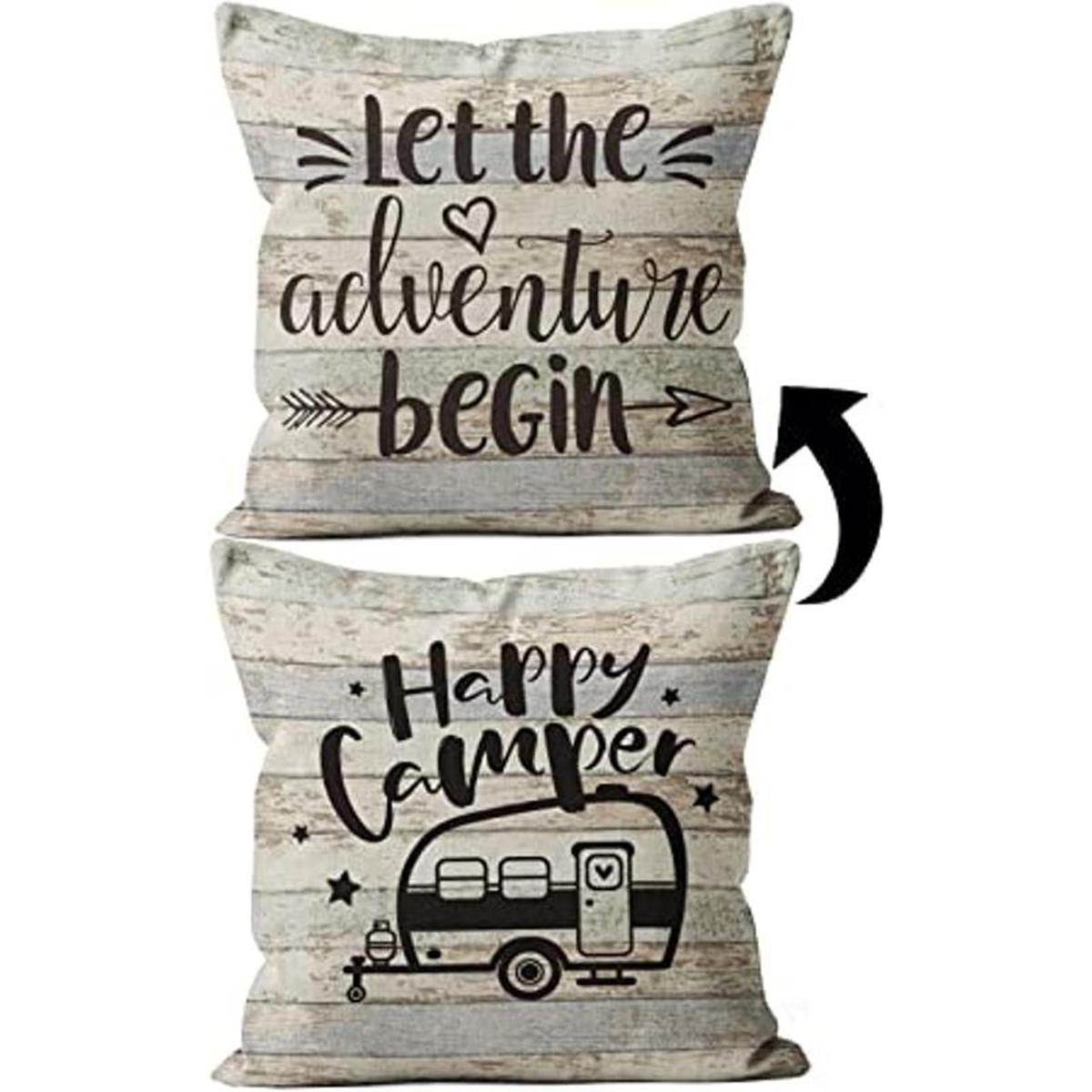 Happy Camper Funda de almohada reversible 18 x 18
