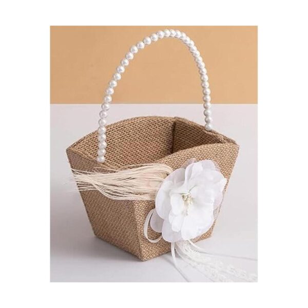 Cesta rústica de yute de arpillera con mango de perlas_4