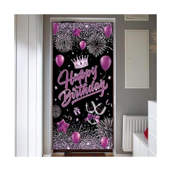 Pancarta de puerta de feliz cumpleaños morado y negro