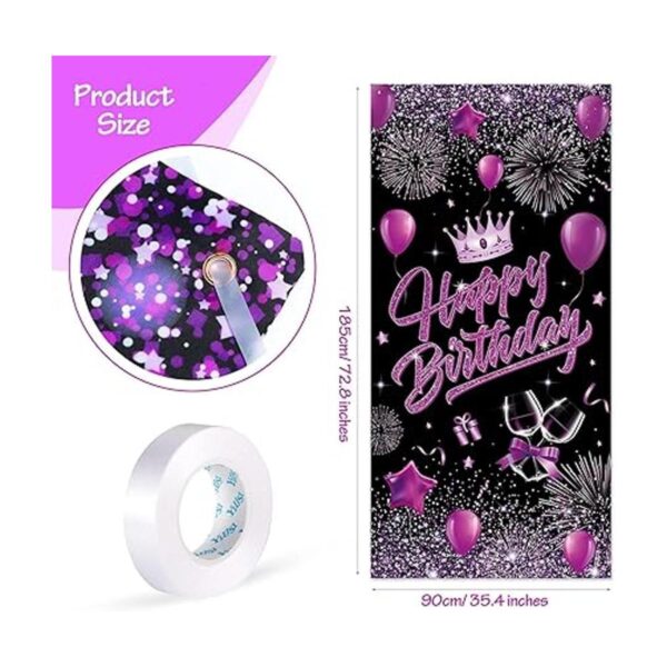 Pancarta de puerta de feliz cumpleaños morado y negro
