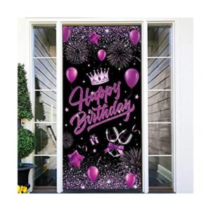 Pancarta de puerta de feliz cumpleaños morado y negro