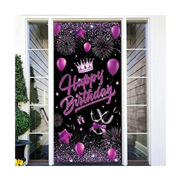 Pancarta de puerta de feliz cumpleaños morado y negro