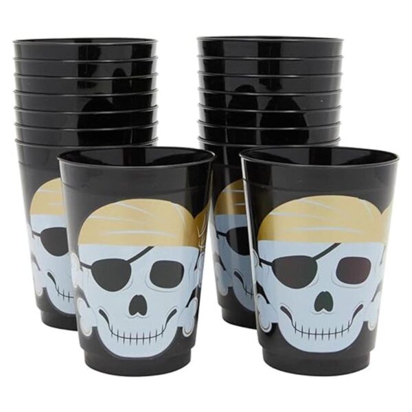 Paquete de 16 vasos de plástico con temática de calavera