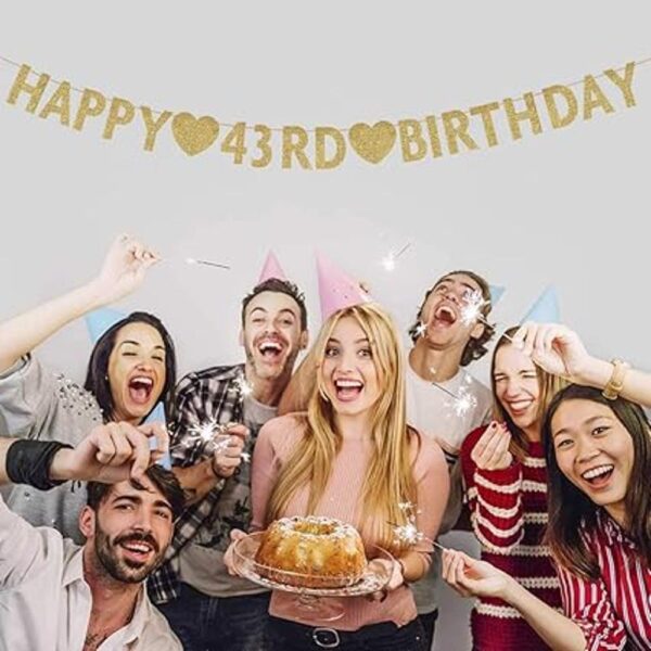 Pancarta dorada de Happy 43rd Birthday con purpurina_2