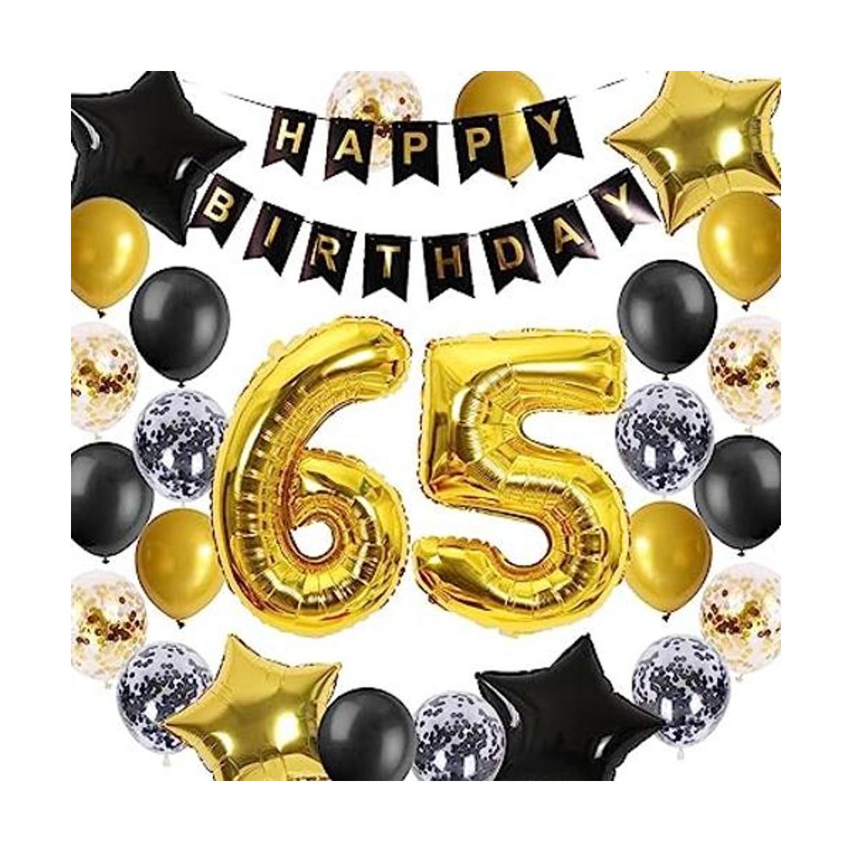 Decoraciones de cumpleaños número 65 de color negro dorado