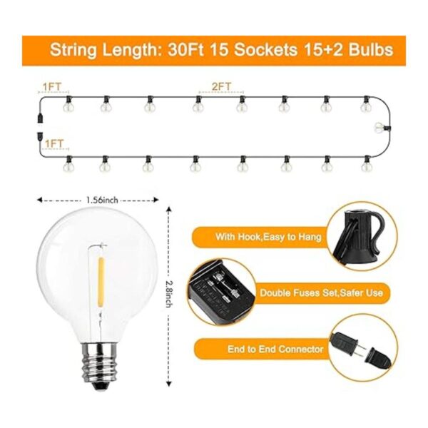 Guirnalda de luces LED para exteriores de 30 pies con 17_3