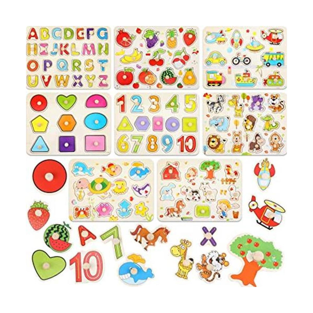 Juego de 8 rompecabezas de clavijas de madera para niños