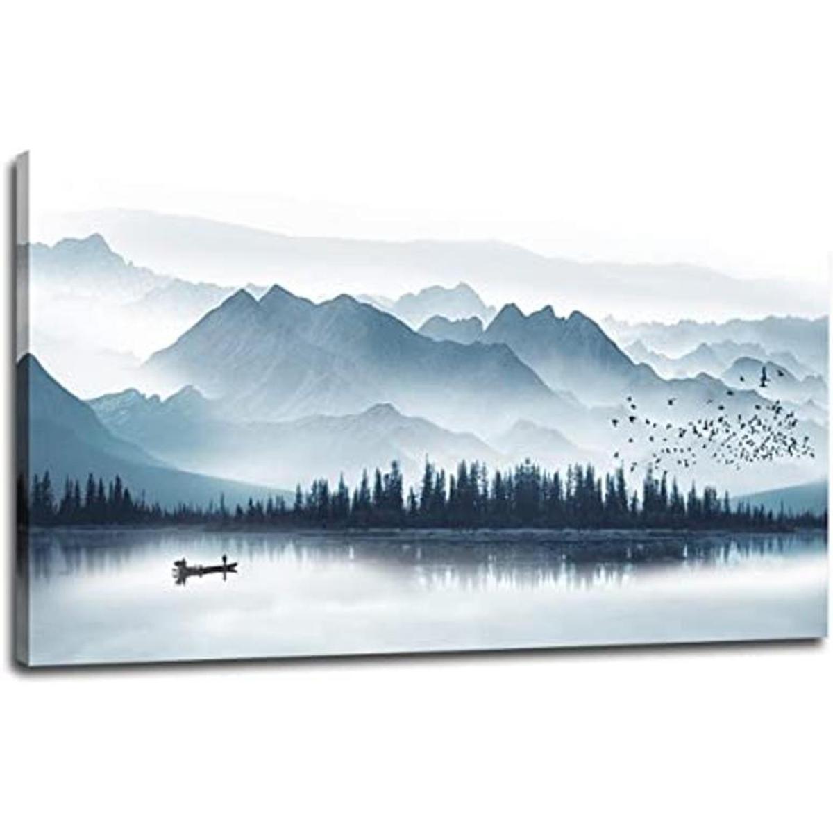 Lienzo índigo para pared diseño de montañas brumosas