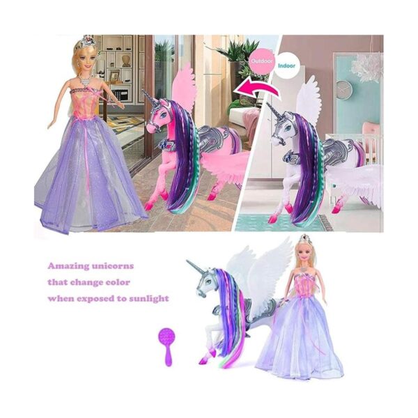 Juguetes de unicornio que cambian de color y muñeca de