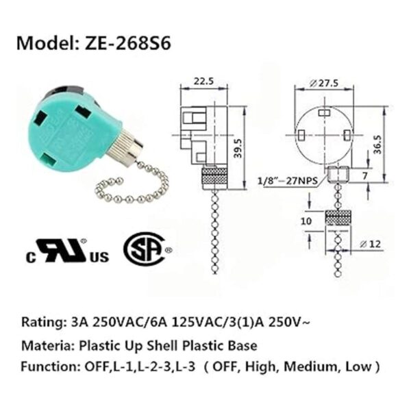 Ceiling Fan Switch 3 Speed 4 Wire Zing Ear ZE268S6 Pull_3