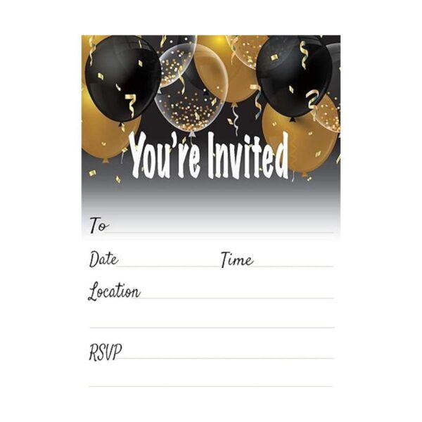 Juego de 25 invitaciones de globos negros y dorados con_1