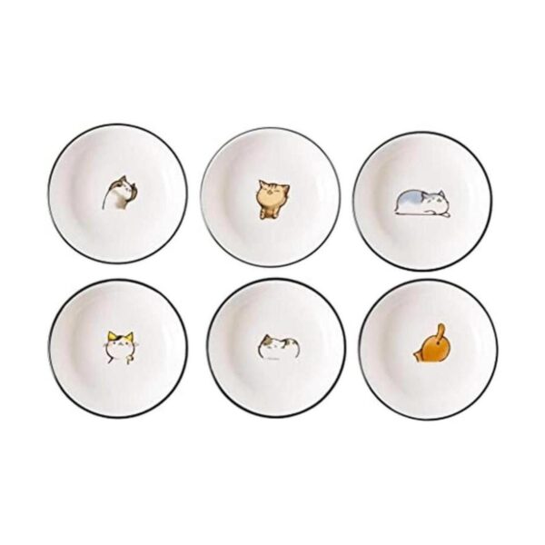 FUYU 6pcs Lindo Gato Multiusos Cerámica Salsa Plato