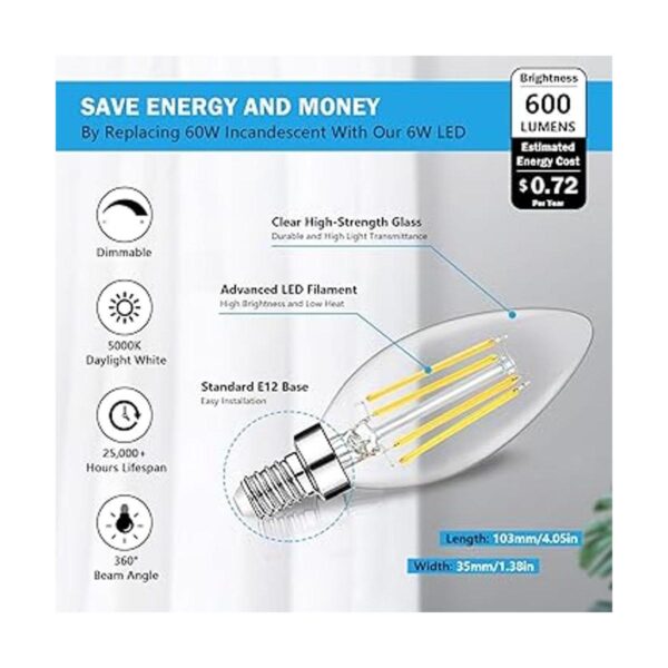 Paquete de 12 bombillas LED E12 de 60 W equivalentes luz