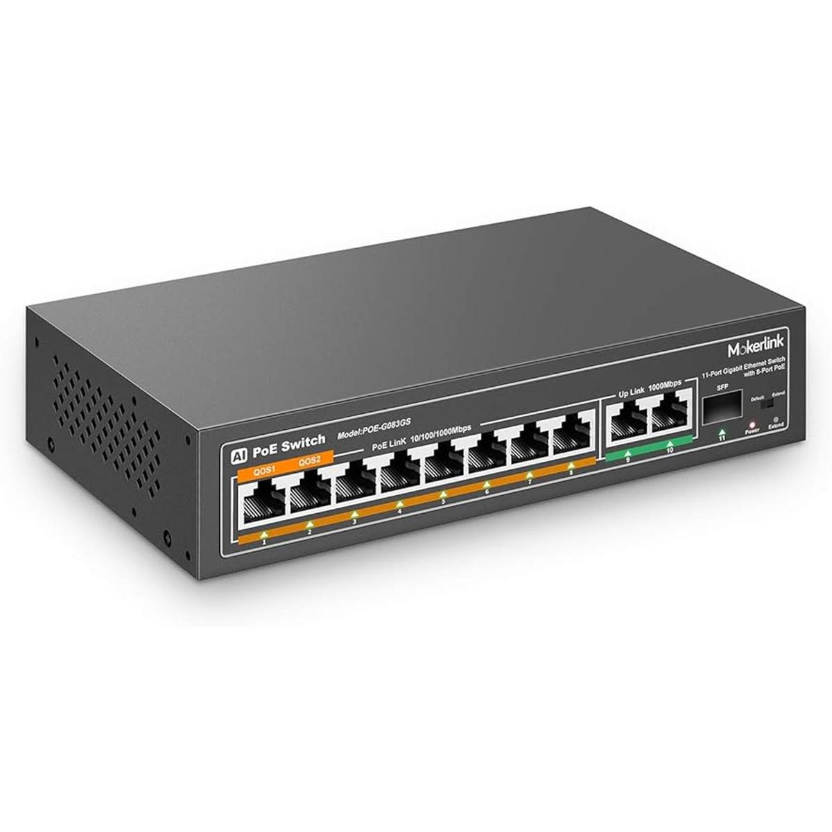 MokerLink Switch PoE Gigabit de 11 puertos con 8 puertos