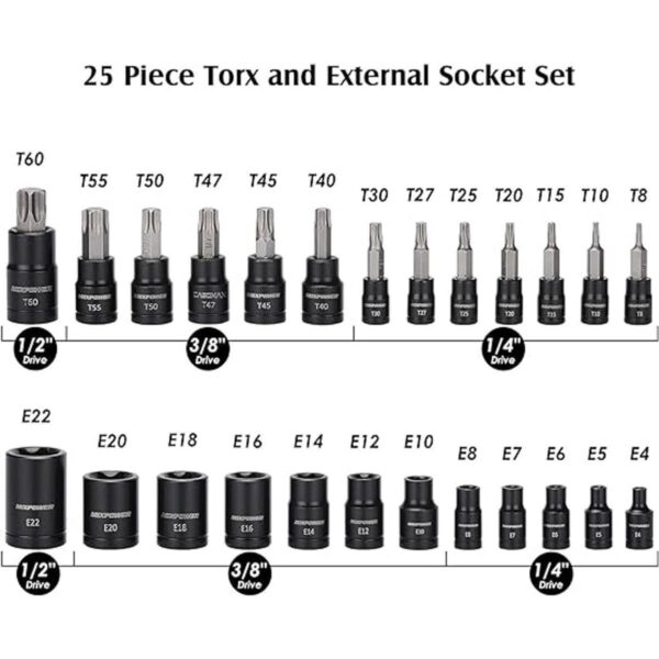 MIXPOWER Juego de 25 piezas de enchufe Torx y enchufe