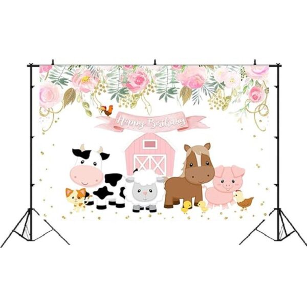 Lofaris Fondo de cumpleaños de animales de granja rosa con_2