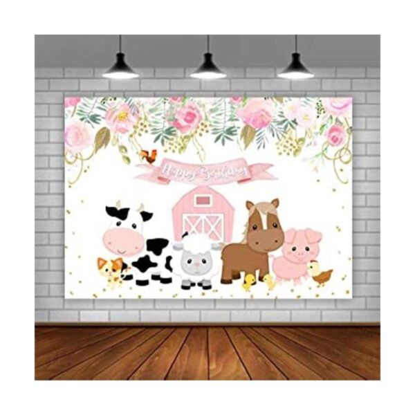 Lofaris Fondo de cumpleaños de animales de granja rosa con_1