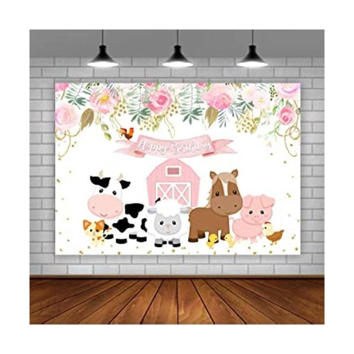 Lofaris Fondo de cumpleaños de animales de granja rosa con
