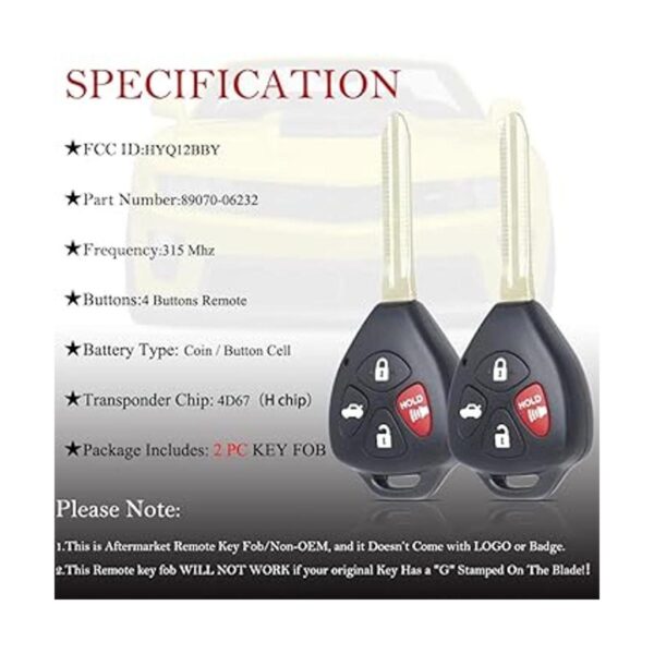 Llavero de repuesto remoto compatible con Toyota Camry_4