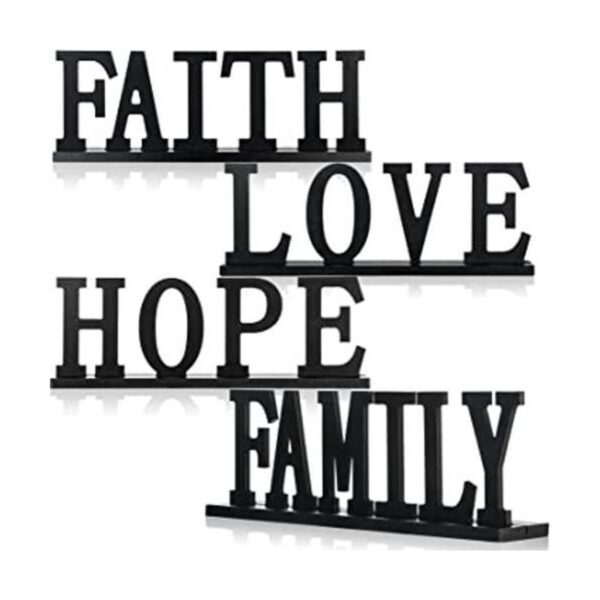 Letrero de madera con texto en inglés Love Faith Hope