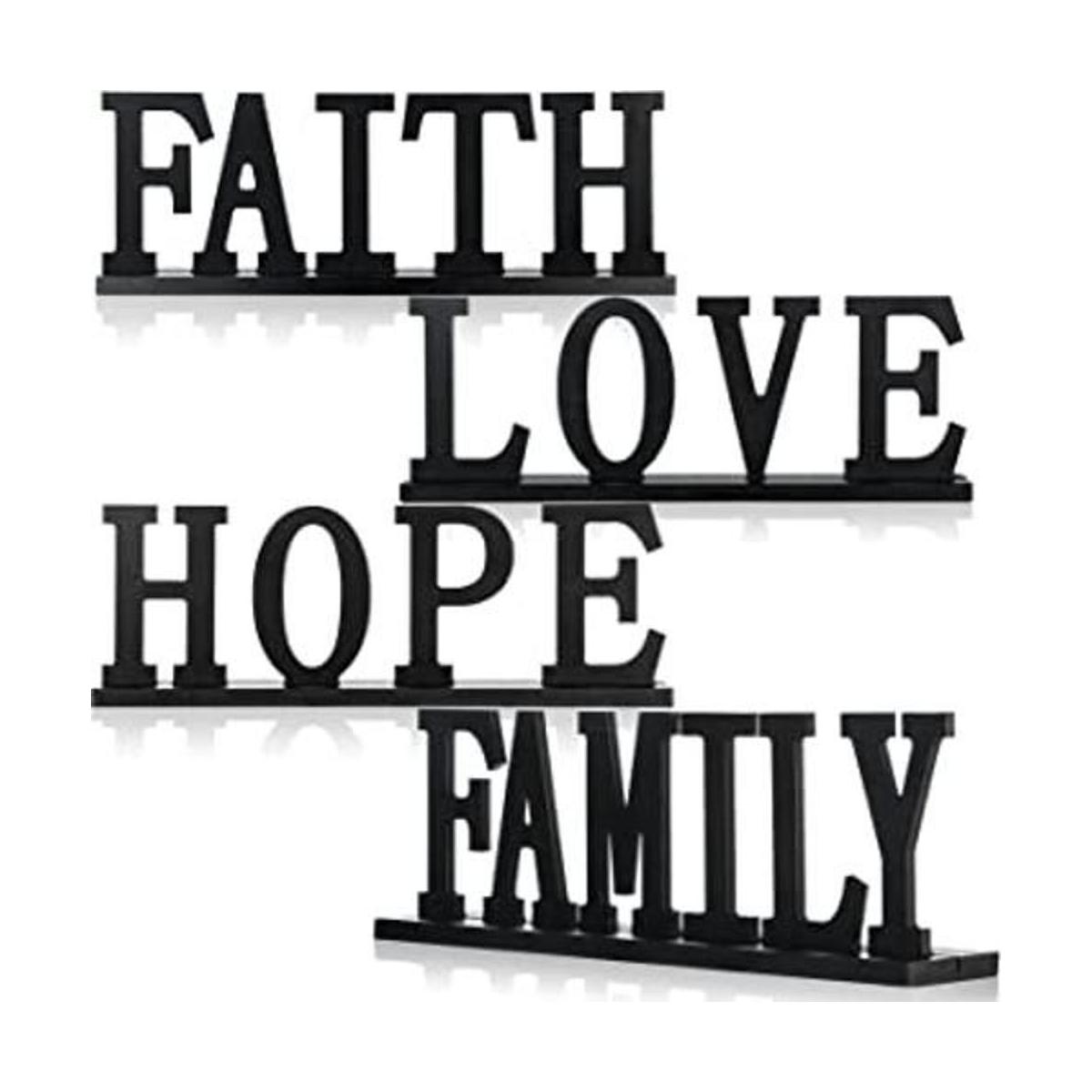 Letrero de madera con texto en inglés Love Faith Hope