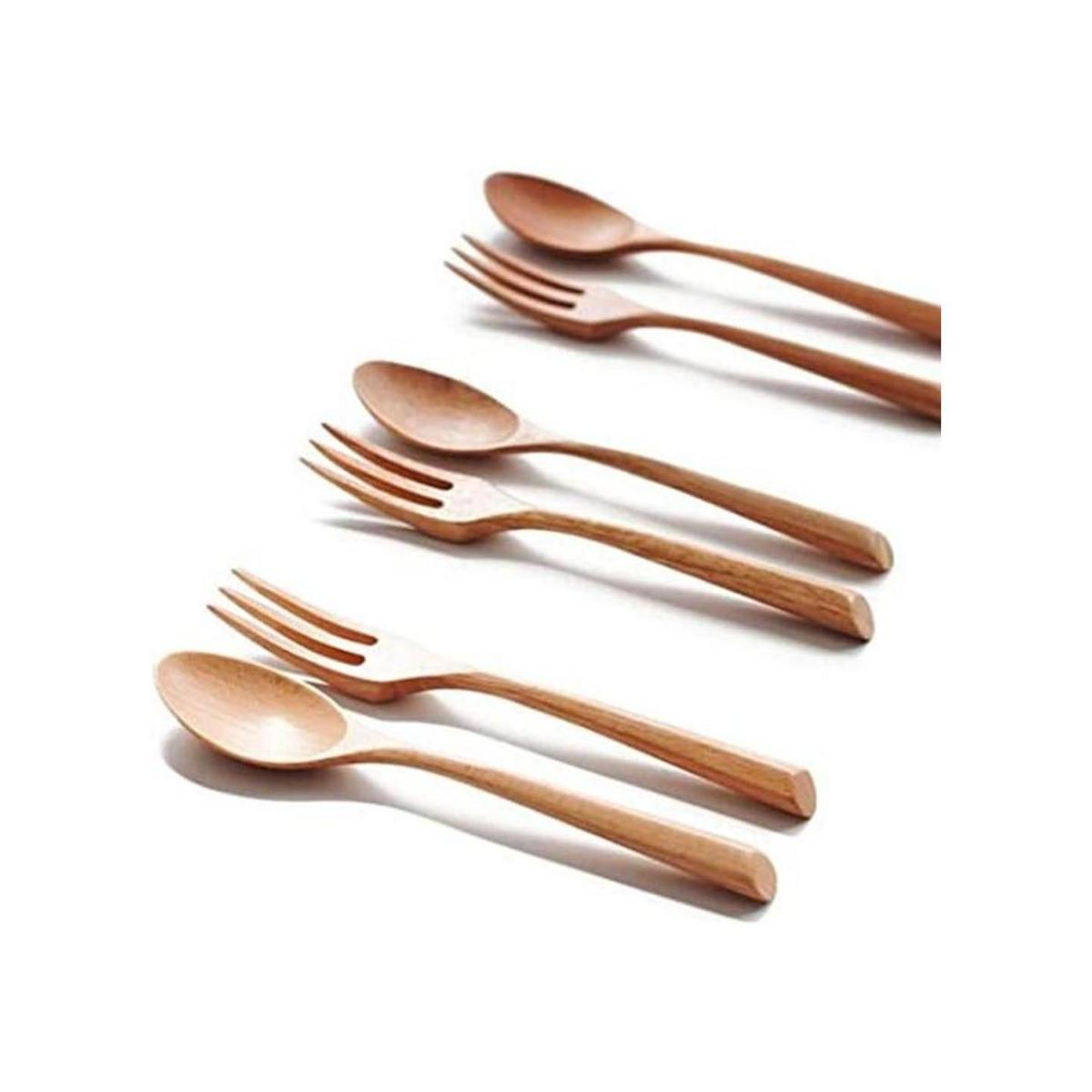 Kyien Juego de 6 cucharas y tenedores para sopa de madera